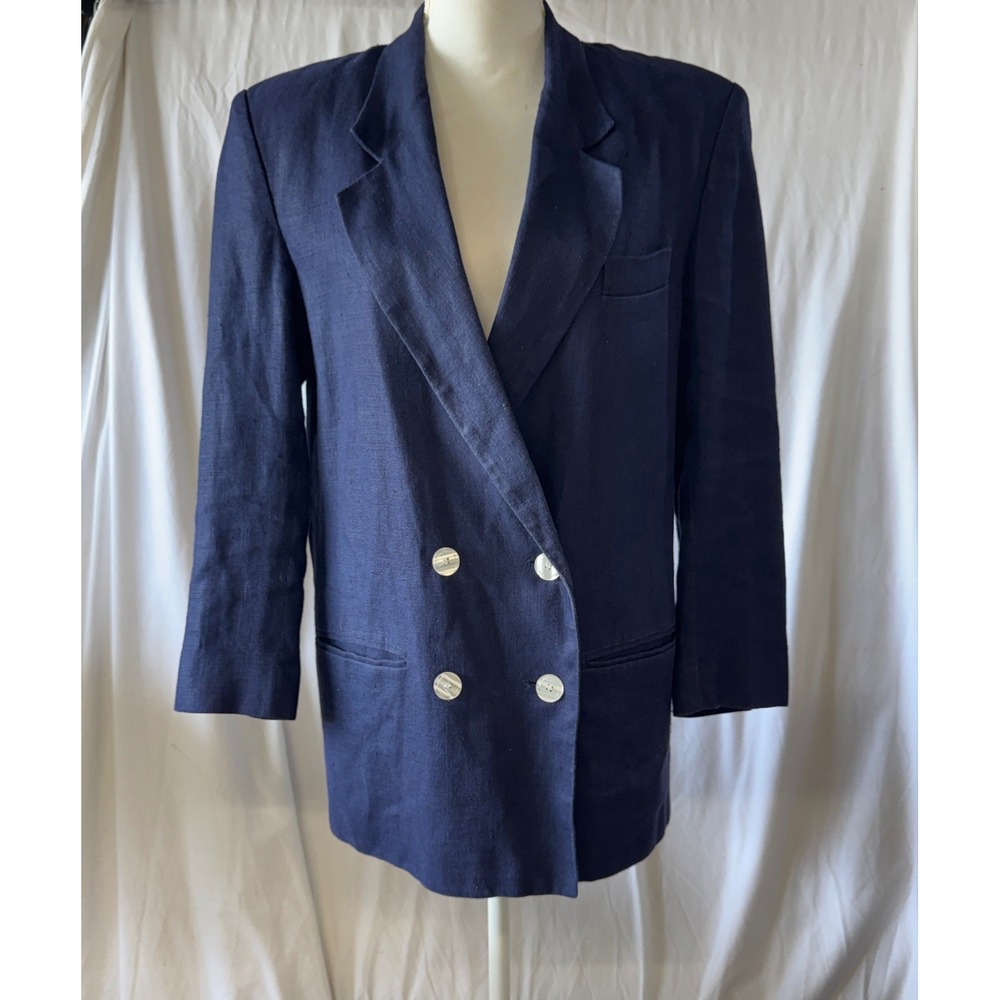International Scene Vintage Navy Blue Linen Double Breasted Blazer sz 8